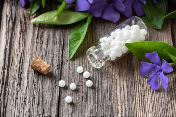 A bottle of homeopathic pills with fresh vinca minor plant